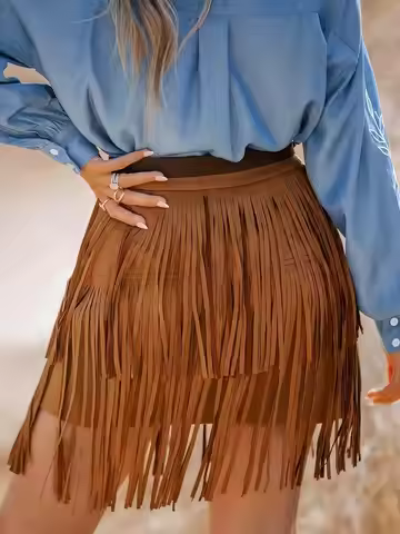 Women Tassel Skirt Western Vintage Elastic Waist Fringe Skirt Mini Cowgirl Skirts Spring Fall Daily 