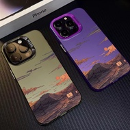 Creative Sunset Anti Drop Large Hole Mirror Frame Comic Case Suitable for IPhone 7 8 Plus 11 12 13 14 15 Pro XR X XS Max SE 2020 Silicone Hard Casing Metal Lens Protector