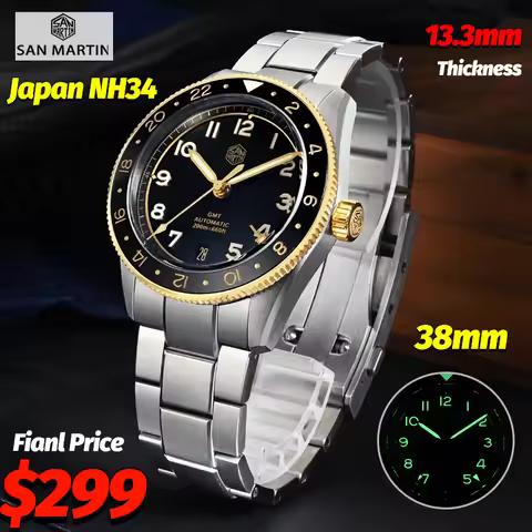 San Martin SN0140W GMT Dive Watch 38Mm NH34 Automatic Movement Bubble Sapphire BGW-9 C3 200M Waterpr