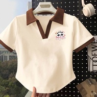 Girls Polo Neck Color Block Short Sleeve Cotton T-Shirt Summer New Style Kids Fashion Top Sisters Ma