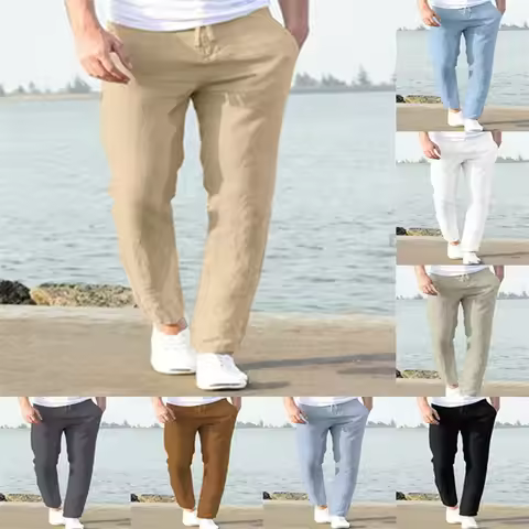 2025 Men's Cotton Linen Pants Male Autumn New Breathable Solid Color Linen Trousers Fitness Streetwe