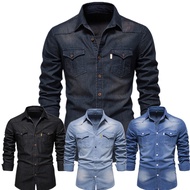 Denim Shirts Elastic Cotton Denim Shirt Men Long Sleeve Cowboy Shirts Casual Slim Fit Mens Designer 