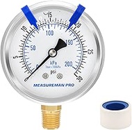MEASUREMAN PRO 2.5 inch Dial Size, Glycerin Filled Pressure Gauge, 0 to 30psi/kpa, 304 Stainless Ste