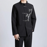 สไตล์จีนใหม่ปักไม้ไผ่โลหะหัวเข็มขัด Tang เสื้อสูทหลวมผู้ชายขนาดใหญ่ Zhongshan ชุด Retro Western Wear