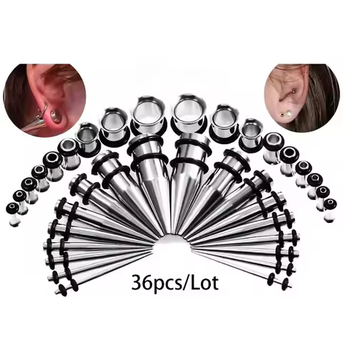 36PCS Ear Stretching Kit 14G-00G Stainless Steel Tapers + Single Flare Plugs & Tunnels Gauge Expande