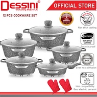 DESSINI ITALY Granite Aluminium Non Stick Casserole Pot Bowl Deep Fry Pan Cookware Tool (12 Pcs)