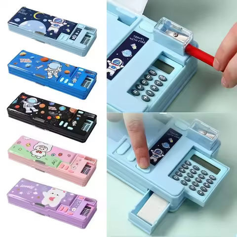 2025Double Layer Pencil Case Astronaut/Animal Design Pencil Sharpener Pencil Box Plastic With Calcul