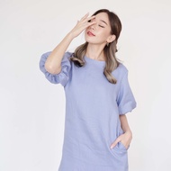 SUUBE Official Ivy dress - Soft blue เดรสสั้นแขนพอง ผ้าลินินแท้ ทรงตรง ชุดมีซับในและกระเป๋าข้าง เดรสแขนตุ๊กตา