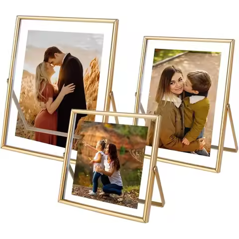 Gold Picture Frames Set of 3, Metal Geometric Photo Frame with Glass Cover Includes 5x7, 4x6, 4x4 - 