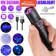 USB Rechargeable UV Light LED Flashlight 5W 365nm/395nm Blacklight Inspection Lamp Zoomable Torch + 