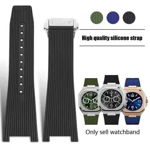Soft Silicone Watch Strap For Bell & Ross INSTRUMENTS BR05 Notched Rubber Waterproof Watch Band with