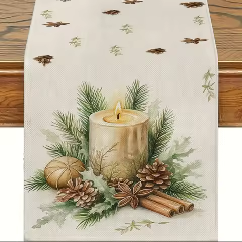 1 Piece of Christmas Warm Candlestick Table Runner, Light Base Painted with Candles, Pine Branches,