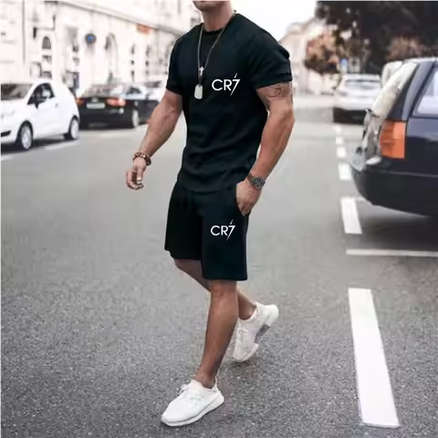 Men's Clothing Summer Suit CR7 Sports Suit Comfortable Breathable Mesh Running Sets Jogging Fitness 
