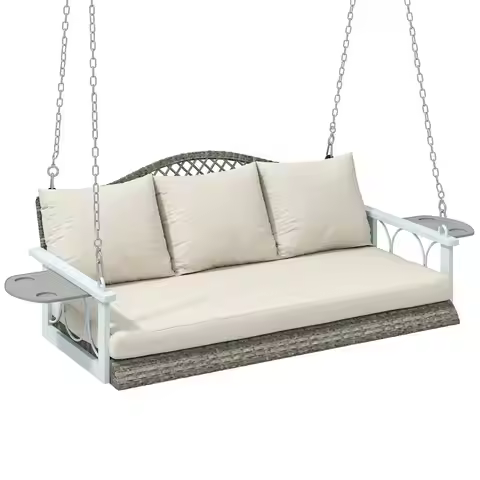 3 Person Wicker Porch Swing Chair Heavy Duty 800 LBS with Cup Holder, 57 Inch Outdoor Rattan Patio H