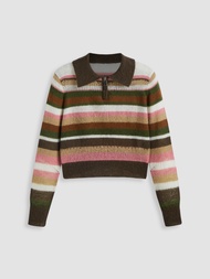 Cider Polo Stripe Knitted Zipper Long Sleeve Crop Top | Knitwear Sale