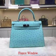 France Windo愛瑪士 凱莉包Hermes Kelly  3p環礁藍 bule atoll銀扣 鴕鳥皮 28Cm