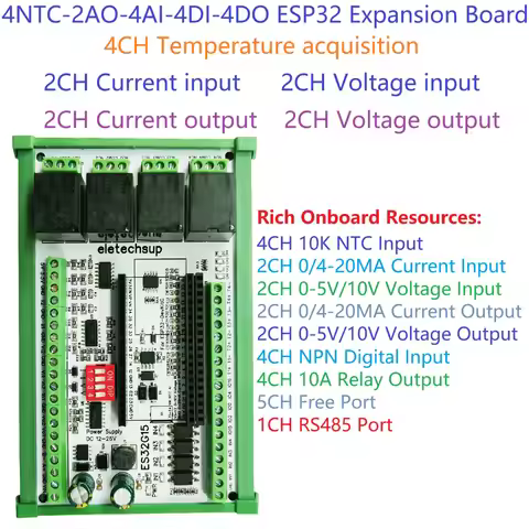 NTC-2AO-4AI-4DI-4DO 38PIN ESP32 Multi-Function Expansion Board Temperature RS485 4-20MA 0-10V Input 