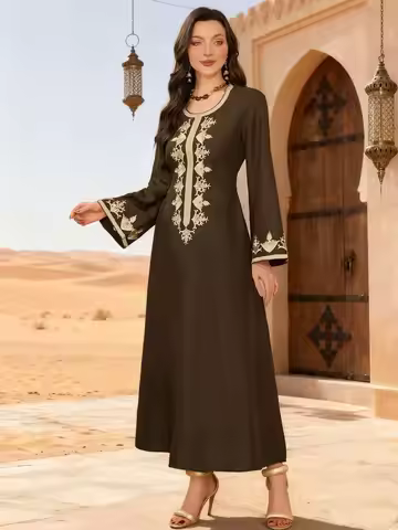 Elegant Coffee Color Abaya Gold Embroidered Trim & Bell Sleeves Design Women Muslim Turkish Kaftan R