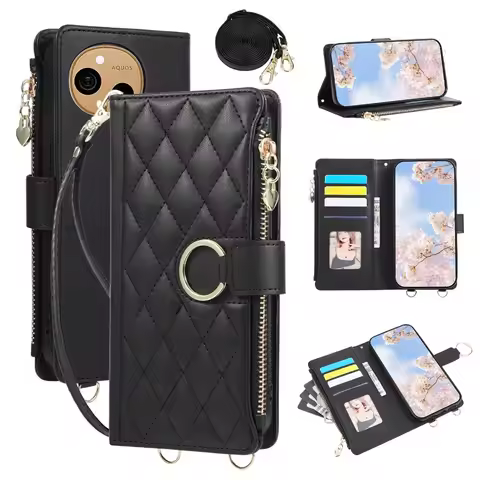 Quilted Zipper Wallet Phone Case For Sharp Aquos R8 R9 R9Pro R10 Sense 4 6 7 9 9 10 Wish 3 4 5 Cross