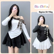 Women's Big Size Skirt Set Long Sleeve Off Shoulder Top with Short Flared Skirt for Chubby A333+CV40