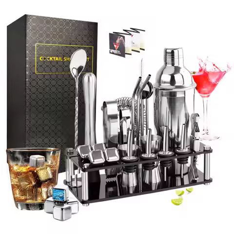 Cocktail Making Set Shaker Stainless Steel Bar Tool Bartender Kit ​with Display Stand Ice Cube Mixin