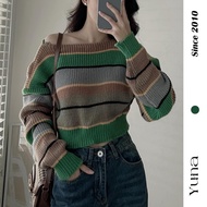 YUNA long-sleeved blue striped round neck crop top sweater from Guangzhou, super hot hit, women's fa