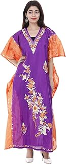 Shaded Poly Silk Kashmiri Aari Work Designer Kaftan Maxi Dress Beachwear Cover Up (MULTI-189)
