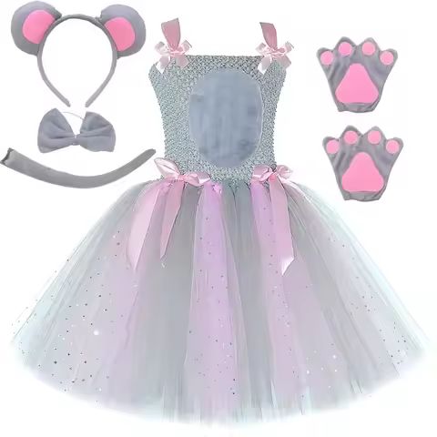 Grey Rat Mouse Costume Kids Halloween Party Animal Dress Up Outfit Toddler Girls Mice Tutu Dress wit
