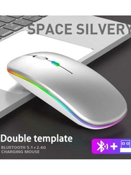 1入銀色2.4g Led燈無線可充電便攜式滑鼠,無聲符合人體工學設計適用於筆記型電腦平板macbook辦公室和家庭