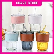 Glass Straw Cup with Lid Heat Cold Resistant Iced Water Bottle Viral Coffee Glass Mug Transparent Tr