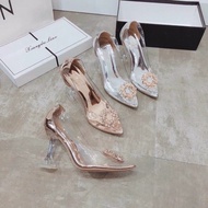 New transparent high heels with gold stone flower heels 9p