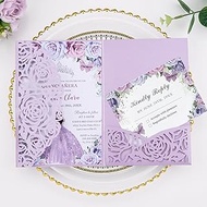 50PCS Purple Wedding Invitations with Envelopes and RSVP Cards, 4.9"x7" Laser Cut Wedding Invitation