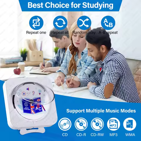 Portable CD Player Built-in Speaker Stereo with Double 3.5mm Headphones Jack LED Screen Wall Mountab