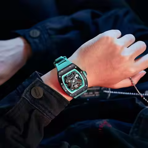 Tonneau Starry Skeleton Flywheel Automatic Mechanical Watch Precision Carbon Fiber Stainless Steel M