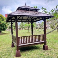 Gazebo 6x6 Double Roof Cengal Wood Pondok Kayu Handmade Outdoor Garden Fence Ladder Taman Bunga Paga