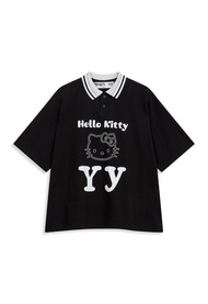 เสื้อยืดคอโปโลแขนสั้นผ้าฝ้ายแท้ร่วมสมัย KITTY ทรงหลวมสบาย ๆ สำหรับผู้หญิง เสื้อยืดสไตล์ฤดูร้อน