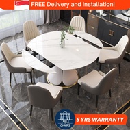 [SG] Rotating Extendable Round Dining Table Set | 1.3m-1.5m | Sintered Marble &amp; Chairs | Nordic Stone For HDB Condo Land