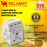 SYK Selamat SA-32 Sirim 3 Way Multi-Adaptor With LED Switch 13A Fuse Adapter Plug Kepala Plug Socket