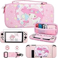 FUNDIARY Pink Bunny Theme Carrying Case for Nintendo Switch, Cute Storage Bag Accessories Bundle for Switch with TPU Protective Cover, Screen Protector, Adjustable Shoulder Strap and 2 Thumb Grips