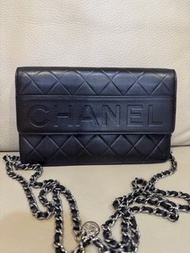 Chanel香奈兒 10開 絕版黑色銀扣logo字母 woc 鏈條包 20cm
