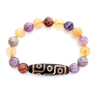 Old 9-Eye Dzi Bead Bracelet with Citrine, Amethyst & Smoky Quartz