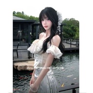 新中式國風白色改良漢服馬面裙女春秋季絕美荷葉邊一字肩上衣套裝