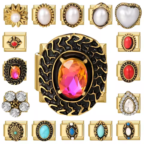 2026 New Women Shiny Red Gems Retro Gold Color Italian Charm Links Fit 9mm Bracelet Stainless Steel 