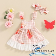 CB-Little Girl 2 Piece Summer Outfit V Neck Fly Sleeve A-Line Lace Trim Plaid Cami Dress Floral Head