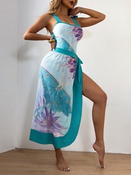 AimeimesLadies sun protection suit set butterfly one-piece swimsuit sarong dress female two-piece sw