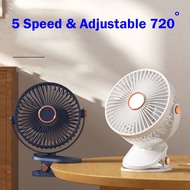 Portable USB Rechargeable Clip Fan 5 Speeds Strong Wind Mini Cooling Fan Baby Stroller Table Fan with light