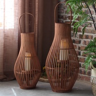 Vintage Floor Lamp Candle Holder Handmade Bamboo Woven Lantern Model Room Homestay Hotel Garden Deco