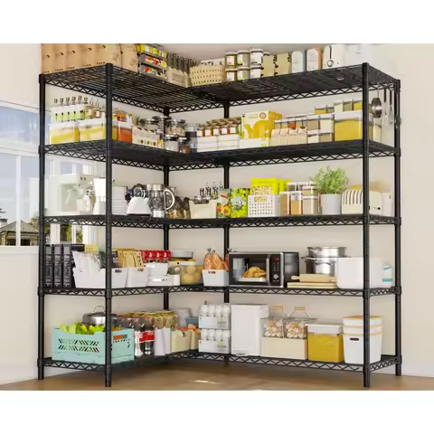 72"W L/H Shaped Heavy Duty Wire Storage Shelving,76"H 5 Tier Adjustable Metal Rack,1750LBS Load, Cus