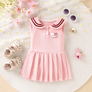 New Summer Girls' Dress, Navy Collar Sleeveless Pleated Skirt, Cartoon Doll, College Style Polo Skir