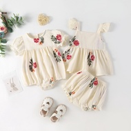 Sisters Matching Outfit Newborn baby girl set flower Embroidery romper with Sleeveless blouse and sh